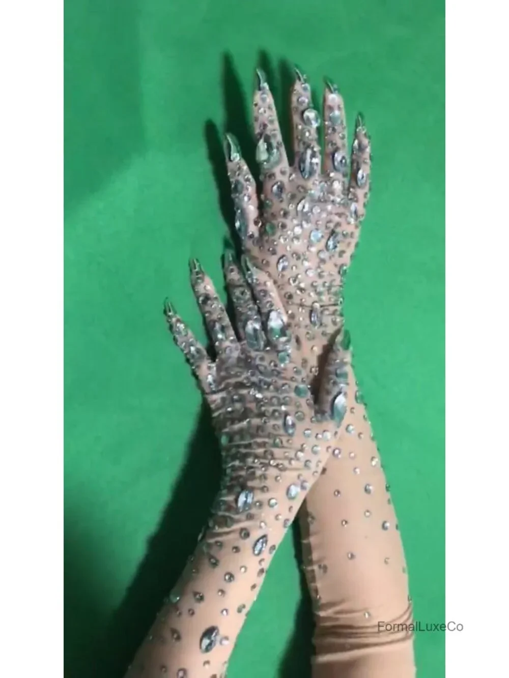 Rhinestone Sparkly Long Gloves - Mesh Sheer Elbow Length Opera Gloves with Nails